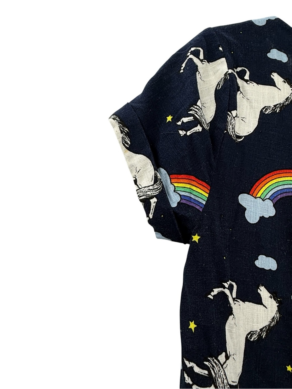 ModCloth Rainbow Unicorn Print Linen Blend Boxy Top Women’s Small Navy - Picture 4 of 13